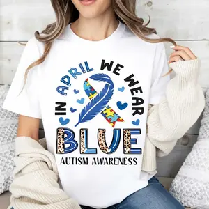 In April We Wear Blue Shirt, Autism Awareness Ribbon Tee, Puzzle Piece Graphic Tee, Women Autism Awareness Month Gift