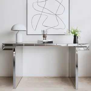 Mirror Console Table for Living Room 60" Long Mirrored Entryway Table with Fluted Glass Edge Modern Luxury Silver Mirror Foyer Tables for Entryway Hallway
