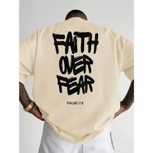 Men's Oversized T-Shirt White FAITH OVER FEAR Psalms 118 Graphic Print For Casual Wear