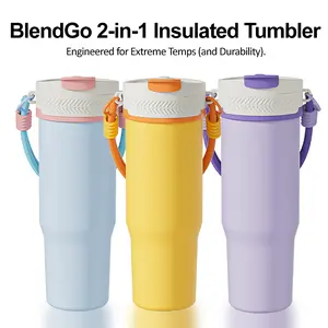 2-in-1 Insulated Portable Blender Tumbler, Travel Smoothie Maker & Electric Protein Shaker with Sipping Lid, Crushes Ice, Double-Wall Vacuum Keeps 24H Cold, Car Cupholder Friendly, Type-C Rechargeable Personal Mini Blender for Gym, Office & Commute