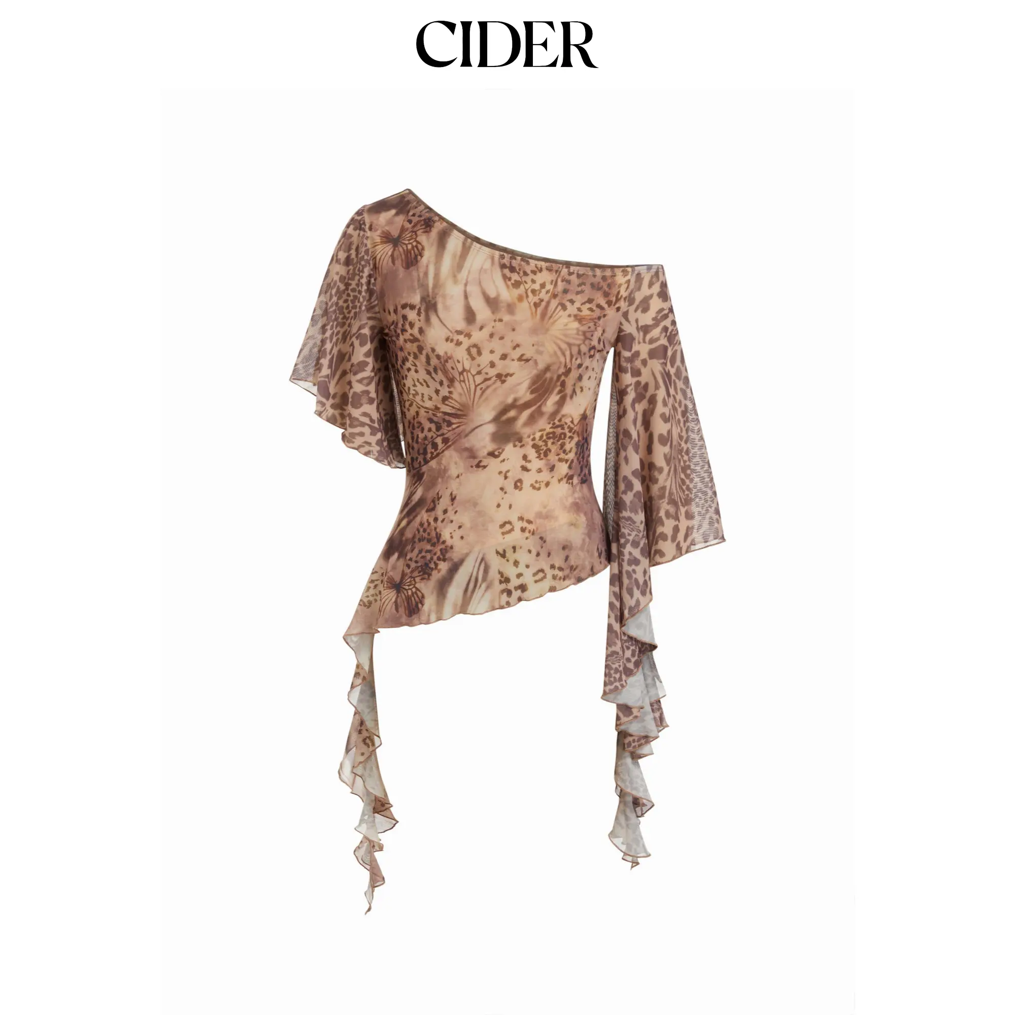 Cider Abstract Leopard Ruffle Asymmetric One-Shoulder Top