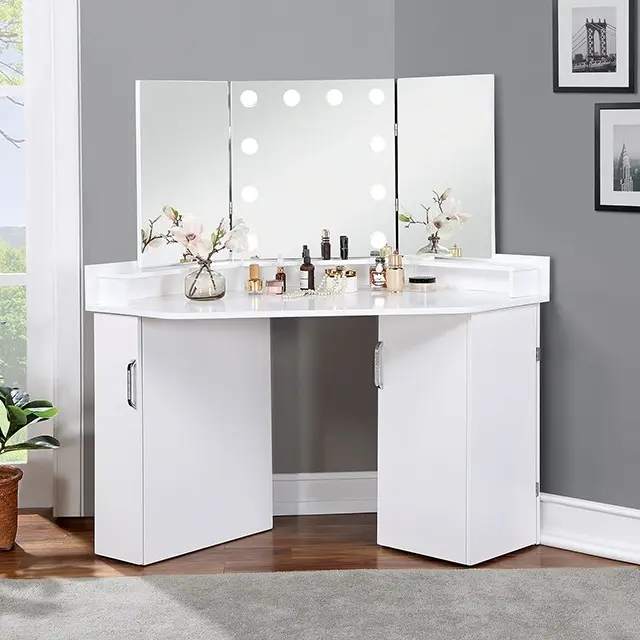 Rosdorf Park Lorybelle FOA-DK5134WH 3-Piece Aesthetic Glam White Wood Corner Makeup Vanity Furniture with Slide-Shelf Storage for Modern Interior Bedrooms