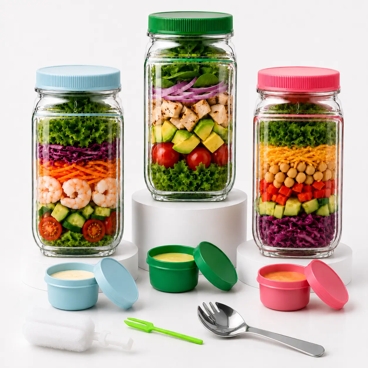 Upgraded Side-Opening Salad Container To Go – 35 OZ / 1000ml Leakproof Salad Jar with Dressing Cup, Portable Reusable Lunch Container for Meal Prep, Office, Gym & Travel