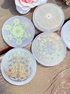 Selenite Crystal Plate, Engraved Solid Coaster, Crystal Carving, Selenite Home Office Desk Decor for Mindfulness and Energy