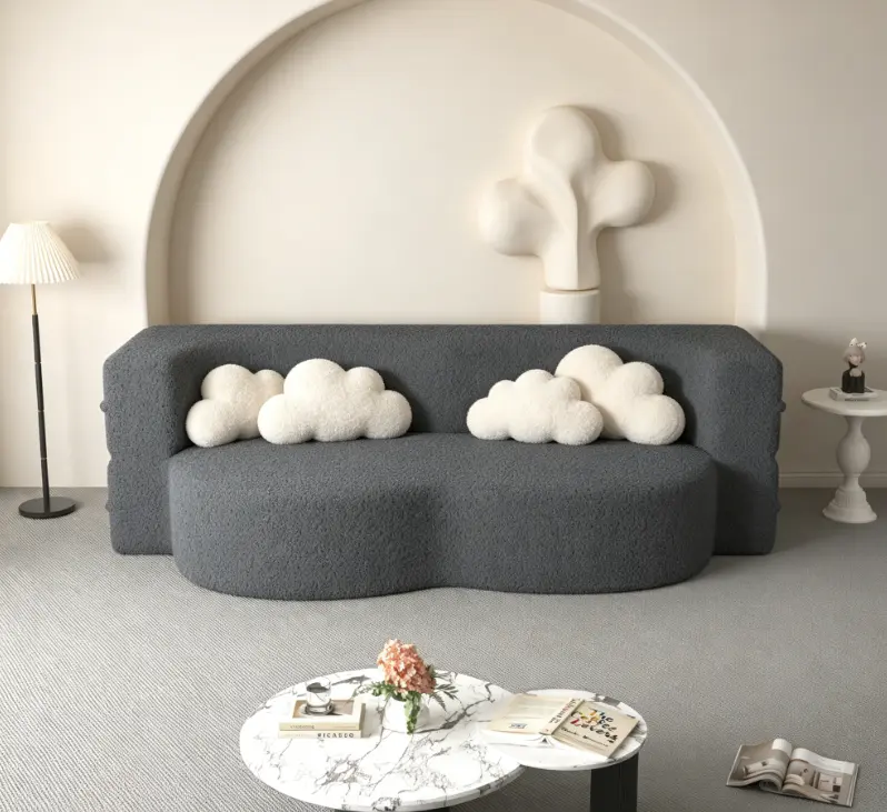 Modern Sherpa Fleece Convertible Floor Sofa Bed with 2 Pillows - Full Size 15in Sponge-Filled Folding Mattress, Durable, No Assembly Required for Living Room, RV, 78"l x 45"w x 30"h Indoor Furniture