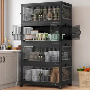 BROVIEW 90Gal/120Gal/150Gal Stackable Storage Bins with Lids, Front and Side Open Doors, Collapsible Closet Organizer and Storage Cabinet, Plastic Folding Box with Wheel Drawer for Home Office Dorm