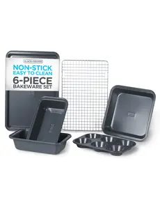 BLACK+DECKER 6-Piece Carbon Steel Bakeware Set, 0.4mm Carbon Steel Baking Pans Set with Ceramic Non-Stick Coating, Includes Cookie Sheet, Cooling Rack, Loaf Pans, Cake Pan and Muffin Pan, Black