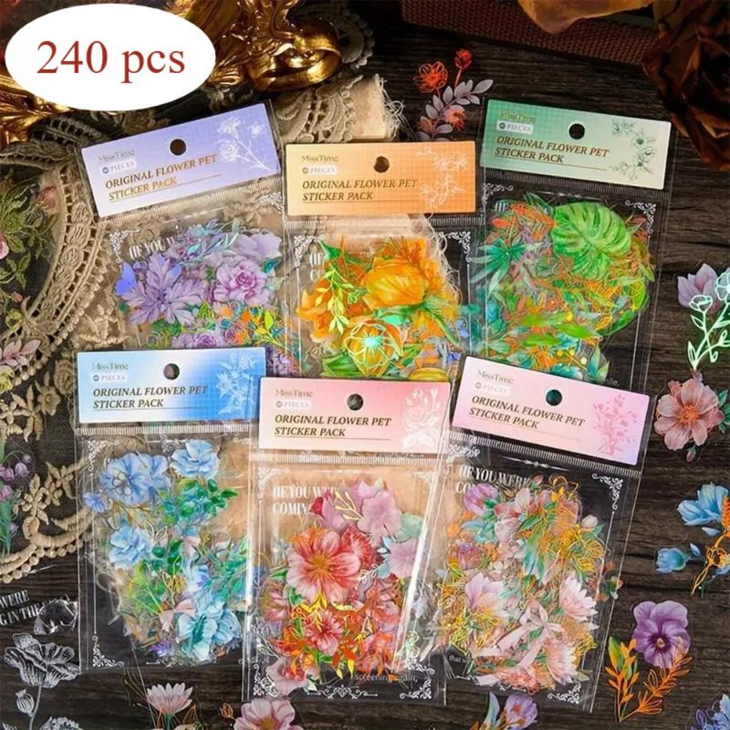 1Set 240PCS Holographic Golden Foil Plant Stickers,Transparent Shiny Plant Stickers,Holographic Design Glitter Flower Book Stickers,Multi-purpose Application,Suitable for Diaries,Notes, Christmas Resin Art Decoration