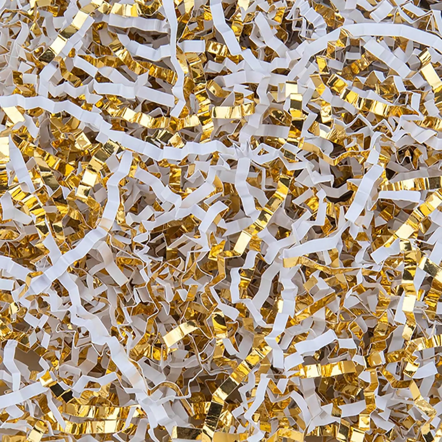 8.5oz Shredded Crinkle Paper Filler - Packaging Cushioning Stuffing, Gift Basket Confetti, Festive Party Decor (Gold, White)