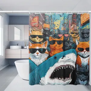 Cat Shark Pattern Bathroom Decor Set, Includes Shower Curtain, Toilet Seat Cover, Floor Mat, U-Shaped Pad, Home Hotel Salon Accessories