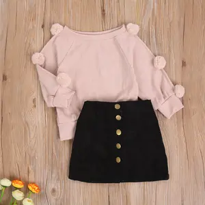 Kids Toddler Baby Girl Fall Winter Outfit Long Sleeve Pompom Knitted Shirt Sweater Top Button Skirt 2PCS Clothes Set