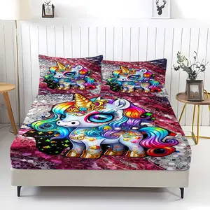 3Pcs Whimsical Unicorn Fitted Sheet Set, Vibrant Rainbow Mane and Golden Accents, Magical Fantasy Bedding for Kids' Room, Soft and Comfortable Fabric, Perfect for Dreamy Sleep AdventuresIncludes 2 Pillowcases, No Pillow Core