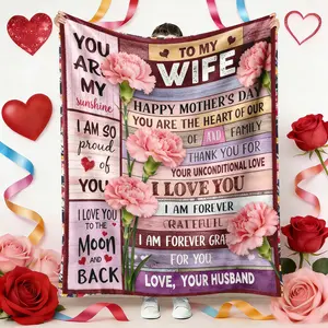 To My Wife Print Flannel Throw Blanket, Soft Warm Cozy Carnation Pattern Blanket, Durable Home Couch Bed Decor, Mother's Day Gift for Wife