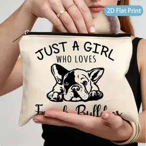 1pc Just A Girl Who Loves French Bulldogs Printed Zipper Cosmetic Bag, Lightweight Foldable Travel Makeup Storage Pouch 22x15cm, Ideal Gift for Women & Friends