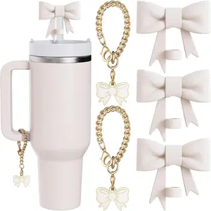 Compatible with Stanley Cup Accessories 3Pcs 10mm Bow Straw Topper Compatible with Stanley Cup Straw Cover Cap, 2pcs White Bow Charms for Stanley 30&40 Oz Tumbler with Handle
