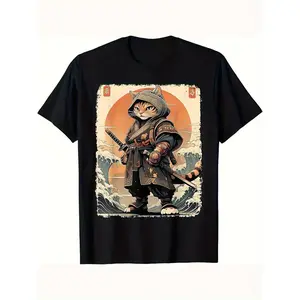 Men's Warrior Cat Pattern T-Shirt - Soft Cotton,  Crew Neck Short Sleeve, Breathable and Machine Washable, Black with Bright Orange and White Print, Loose Fit Suitable for  Wear casual commuter youth Rifle