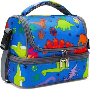 Double Decker Cooler Insulated Lunch Bag Large Tote for Boys, Girls, Men, Women, With Adjustable Strap, Dinosaur