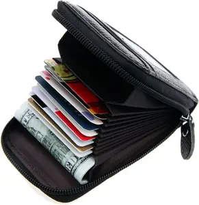 RFID Blocking Genuine Leather Credit Card Holder – Slim Mini Wallet Organizer with ID Window for Men – Compact Front Pocket Wallet, Black – Great Father’s Day Gift