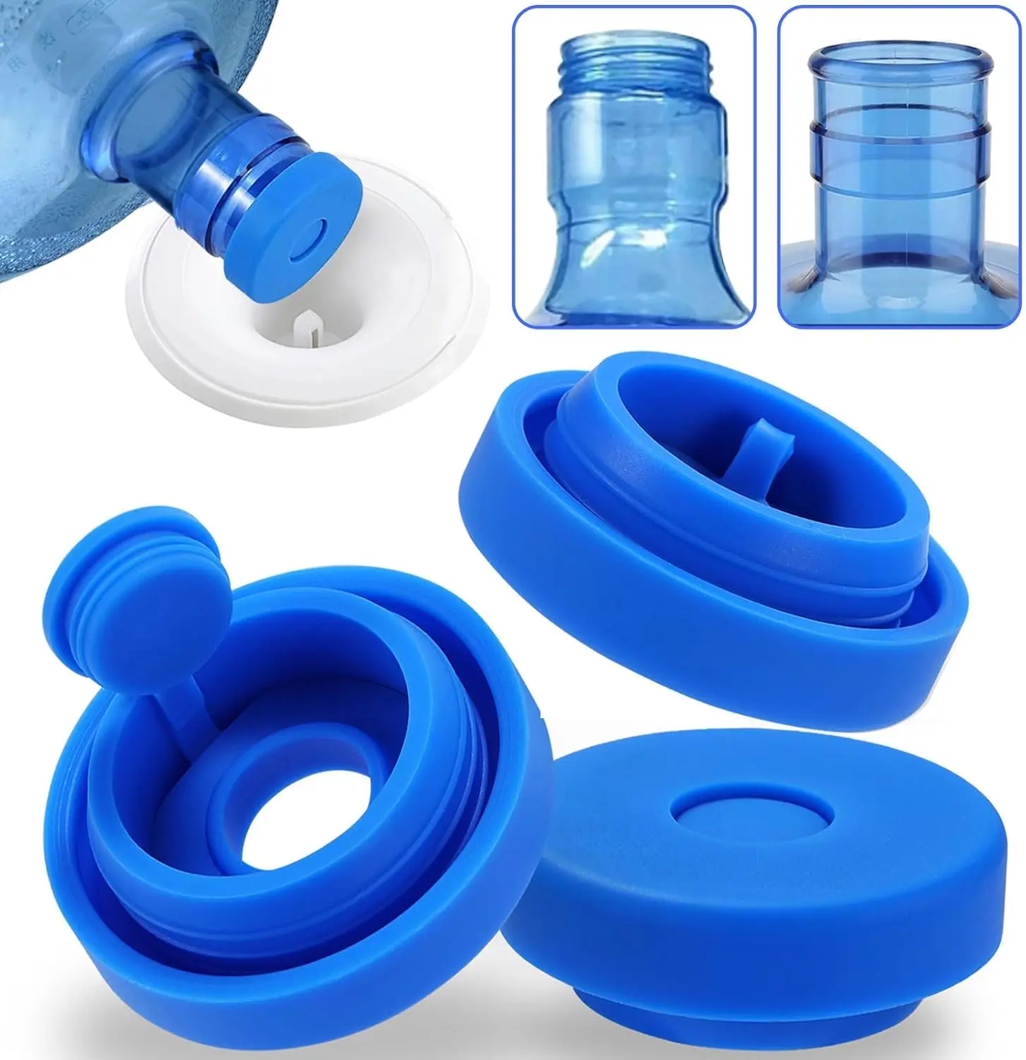 3 and 5 Gallon Water Jug Cap Reusable，Food Grade Silicone Replacement Gallon Caps for 55mm Bottle and Water Dispensers，Non-Spill 5 Gal Water Jug Cap Replacement Cover, Patented（3 Pack）