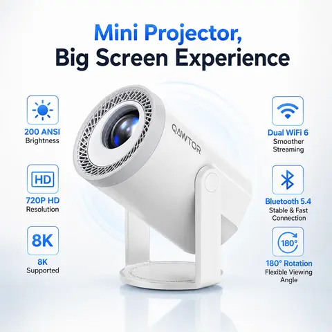 Smart Portable Short Throw Mini Projector - 200 ANSI Lumens, 4K Supported, 0.9:1 Throw Ratio, 360° Adjustable Design, Up to 235" Screen, Audio-Enabled, Wireless Connection, Portable Home Cinema for Home Theater, Outdoor Movie Night