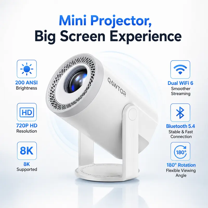 Smart Portable Short Throw Mini Projector - 200 ANSI Lumens, 4K Supported, 0.9:1 Throw Ratio, 360° Adjustable Design, Up to 235" Screen, Audio-Enabled, Wireless Connection, Portable Home Cinema for Home Theater, Outdoor Movie Night