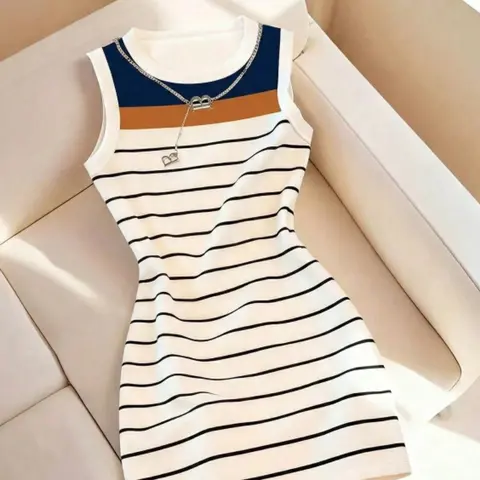 Women's Sleeveless Crew-Neck Color-Block Striped Bodycon Mini Dress, White/Blue/Brown, Slim-Fit Tank Dress for Brunch, Dates, Vacation & Everyday