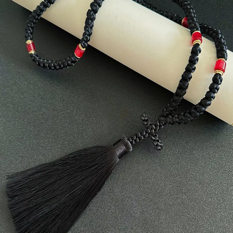 Handemde Black Chotki Christian Orthodox Prayer Rope, Blue 100 Knot Greek Omboskoini Protection Blessing Cross Greek Orthodox Gifts Car Hanging Charm Home Ornaments Car Hanging Decoration Car Accessory Car Decorations