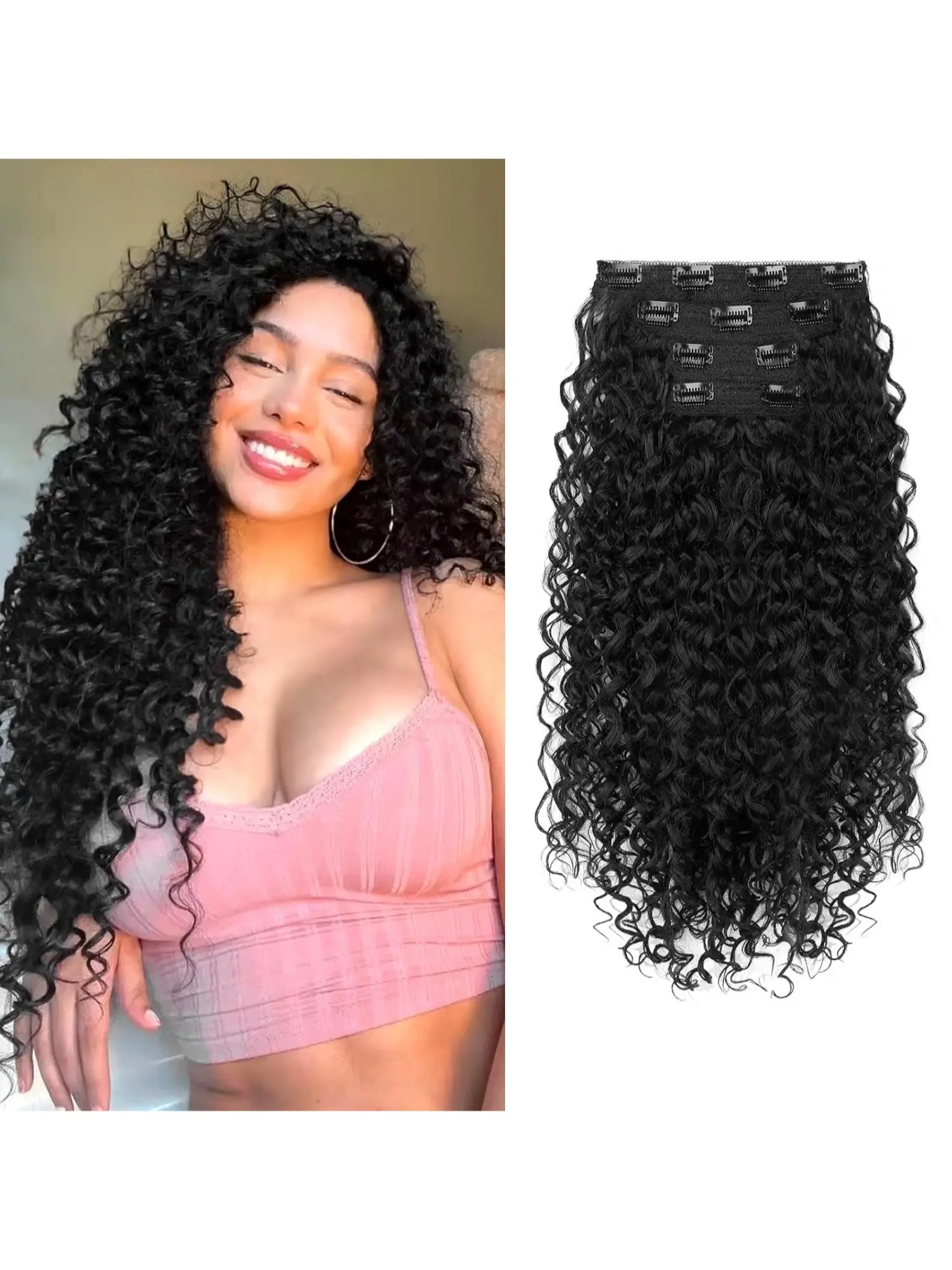 Long Smooth Natural Hairpiece Set, 4-Piece Detachable Reusable Soft Wavy Curly Clip-In Extensions, 20 Inch High-Temp Fiber, Secure Fit, Realistic Texture, Curled Hair Extensions, Synthetic Curly Hair, Curly Clip Ins