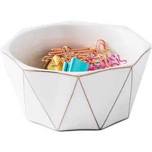 Paper Clip Holder With Gold Line Geometric Ceramic Paper Clip Dispenser for Desk Cute Paper Clip Organizer Office Binder Clip Holder (White)