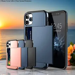 Phone Case - 3pcs [1 Phone Cover with 2 Clear Screen Protectors] Shock-Resistant Ultra-Slim PC Cover Compatible with for Iphone 11 12 13 14 15 16 17 Pro Pro Max Plus Featuring a Slide Slot for Wallet And Card Holder