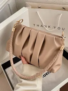 Vintage Fashion Pleated PU Leather Shoulder Bag for Women - Beige Textured Crossbody Bag with Gold Hardware, Braided Rope Strap, Versatile for Girls/Students/White-Collar Workers, Commuting/Daily/Leisure/Shopping/Travel, Thoughtful Gift