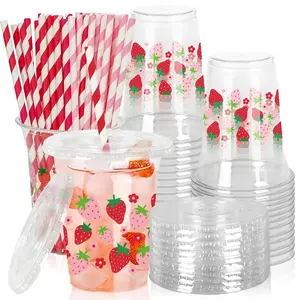 Strawberry Plastic Cups Set, Includes Lids & Straws, Reusable Party Drinkware, Party Supplies, 12 Oz Capacity, Ideal for Gatherings, Pack Sizes 10/20/50, Strawberry Pattern
