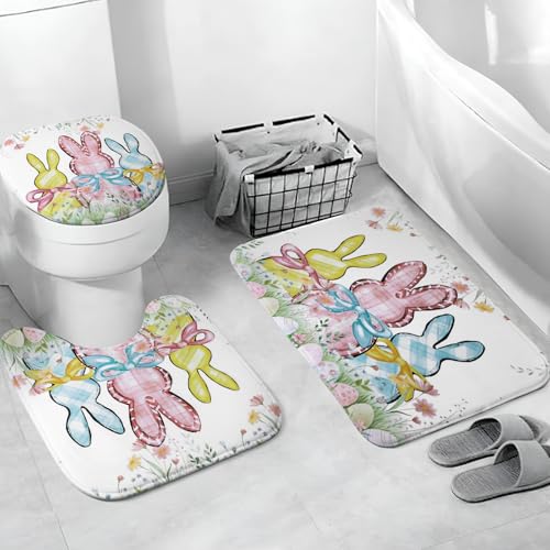 4/8Pcs Easter Bunny Bathroom Decor Set including 70x70in Waterproof Bunny Flower Shower Curtain with Hooks & Non Slip Bath Mat & U shaped Rug & Toilet Lid Cover for Spring Bathroom Makeover Home Supplies