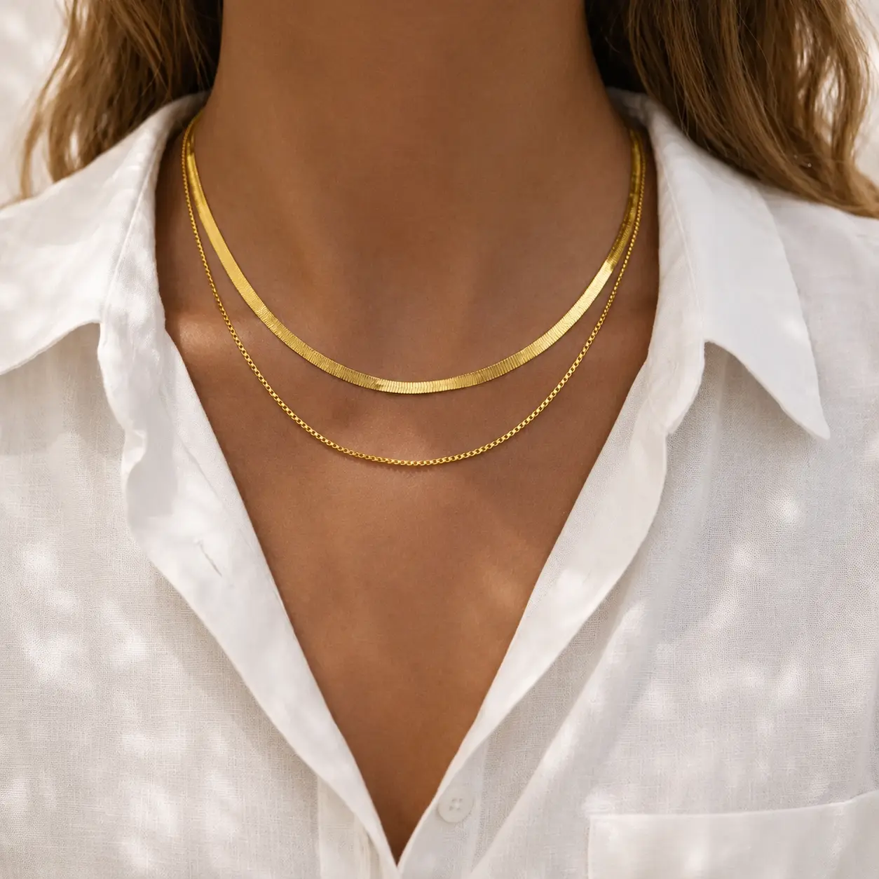 Double Layer Gold Snake Chain Necklace | Waterproof | Tarnish Resistant | Layered Herringbone Necklace | Titanium Steel Minimalist Jewelry