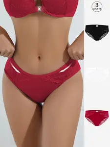 3-Pack Women's Breathable Lace Underwear, Mid-Rise Comfortable Knitted Undergarments for Daily Wear, Sexy and Fitted Style, Soft Breathable Knicker