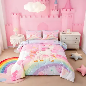 Unicorn Comforter Set,Rainbow Cartoon Unicorn Bedding Set,Pink Kawaii Cute Reversible Stars Comforter,Cozy Soft All Season Duvet Set with Pillowcase Colorful Fuzzy Blanket Lightweight Blanket