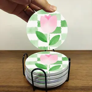 6-piece ceramic coaster set, featuring a pink tulip watercolor round design. Heat-resistant, non-slip coasters with holders, perfect for home, dining, and as beverage mats.