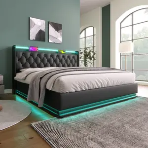 Queen Size Lift Up Storage Bed Frame with 360 Surround LED Lights, Buttons, Apps or Remote Control, USB Type-C Charging, PU Upholstered Queen Platform Bed with Headboard, Black