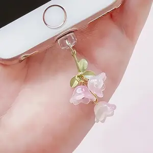 Cute Lily of the Valley Phone Dust Plug, Fairycore Floral Wind Chime Charm, Aesthetic Charging Port Cover for Cell Phone Type-C