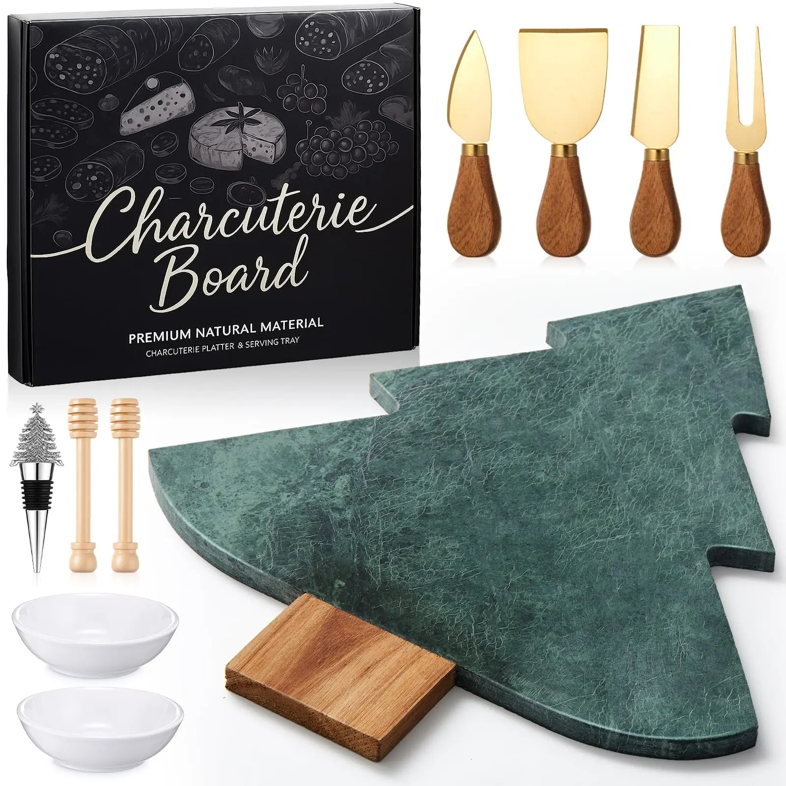 Christmas Tree Acacia Charcuterie Board Gift Set with Cheese Knives Fork Honey Stick Wine Stopper, Kitchen Utensils Gifts for Xmas Holiday Party Favor