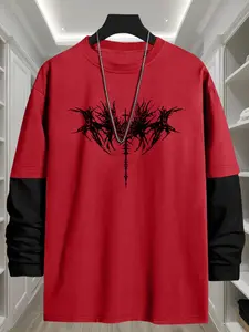 Gothic Graphic Print Loose Fit Long Sleeve Round Neck T-Shirt, Fashion Streetwear, Casual Top, Comfortable Trendy Gift for Fall Season