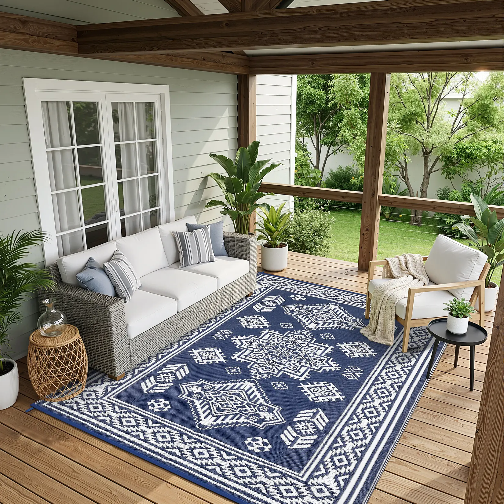 Vintage Floral Outdoor Rug Double-Sided Reversible Plastic Grass Woven Rug Waterproof Foldable Washable for RVs Beaches Terraces and Balconies