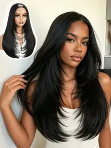Long Straight U Part Wigs for Women, Long Wig, Layered Haircut, Synthetic Half Wig, Clip in Hair, Glueless, Daily Use, 24inch