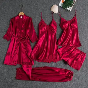 Women's Summer Ice Silk Sexy Spring and Autumn Long Sleeve Thin Plus Size Five Piece Set Bathrobe Seductive Ice Silk Pajama Suit Loungewear Nightwear Womenswear Pjs Nine-quarter Sleeve Basic Casual Champagne Minimalist Homewear（gift）