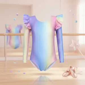 Girls Gymnastics Leotards Ruffle Long Sleeve Shimmer Ballet Unitard Dancewear for 3-10 Years - Sparkly Performance Costume Comfortable Stretch Fabric Perfect for Ballet Dance Recital Competition Practice Kids Athletic Wear