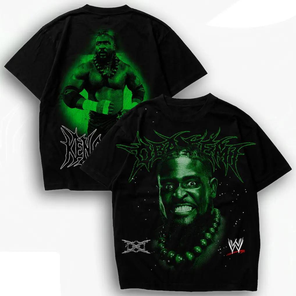 Oba Femi Green Graphic T-Shirt, Nigerian Powerhouse Wrestling Design, Dominant Ring Champion Style, Bold Fan Collection, Men's Black Tee