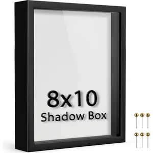8x10 Black Shadow Box Frame Soft Linen Back & Push Pins Included Polystyrene Glass Memory Display Case for Flowers Tickets & Cherished 3D Items