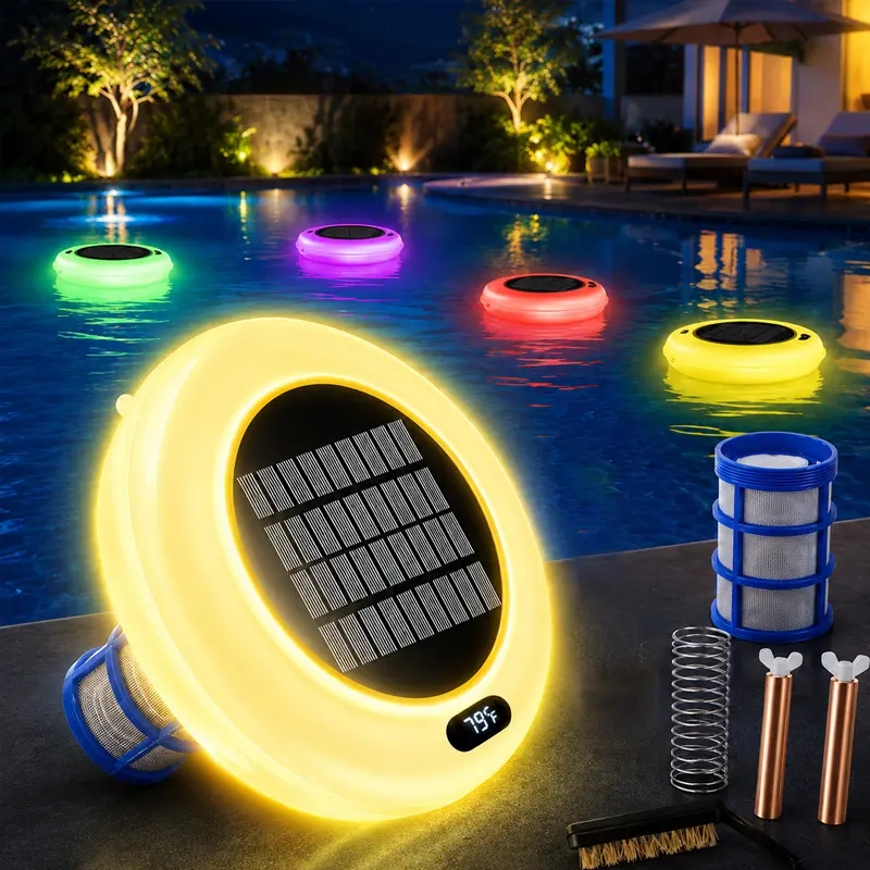 3-in-1 Solar Pool Thermometer-Ionizer with LED Glow Light - Solar Outdoor Lights for Outdoor Cleaning, Above-Ground & In-Ground Pools, Pool Cleaning