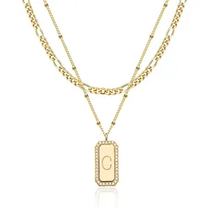 Gold Initial Necklace for Women 14K Gold Plated Figaro Chain Choker Layered Necklaces Set Bar Rectangle Pendant Necklaces Simple Dainty Letter Necklace Everyday Gold Jewelry
