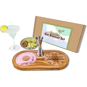 Margarita Salt Rimmer Set - Wood and Stainless Steel 3-in-1 Cocktail Glass Rimmer for Salt, Sugar, Lime – Fits Glasses up to 5.1 Inches – Complete Margarita Kit for Cocktails (1pack)